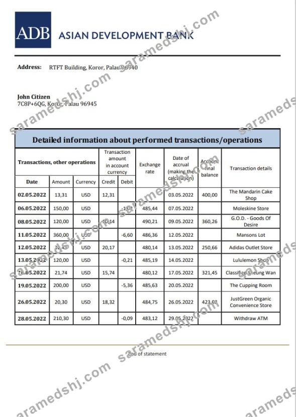 Palau ADB bank statement